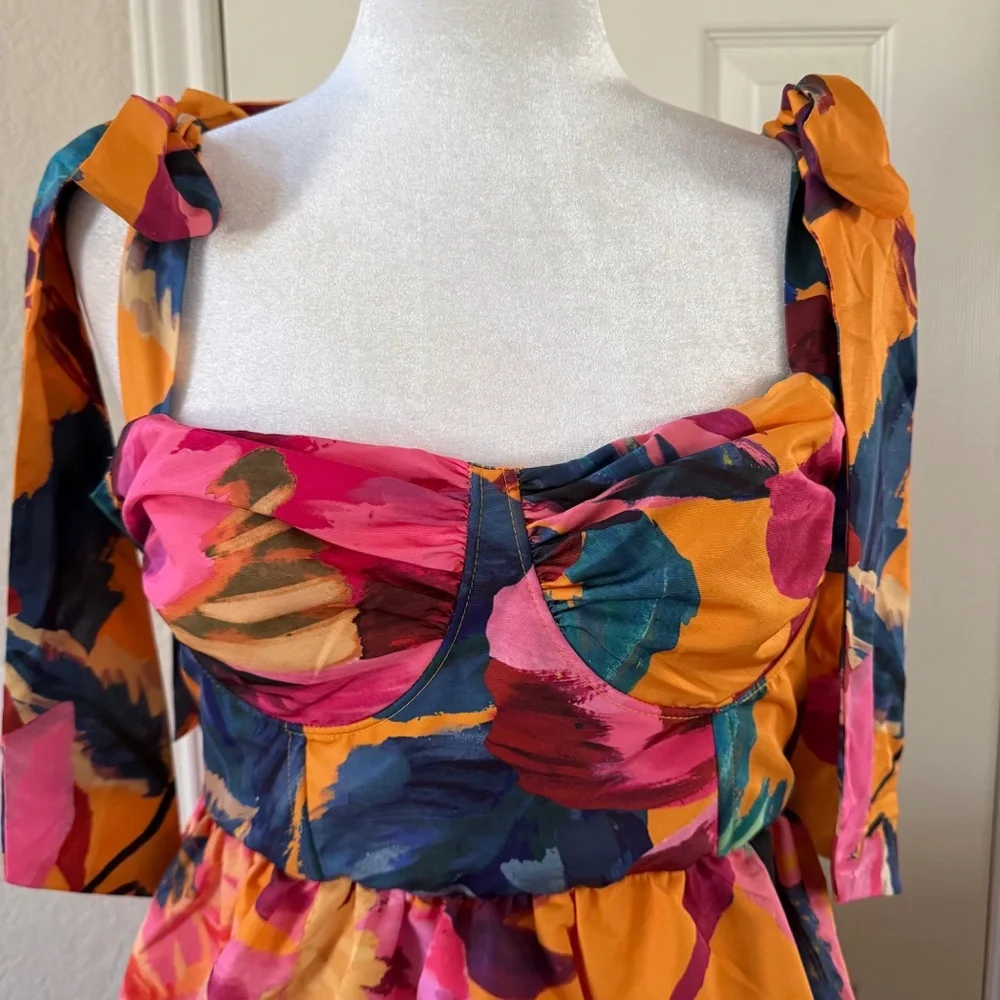 Farm Rio Tropical Floral Printed Colorful Layered Maxi Dress Size L Tie Straps - Picture 5 of 14